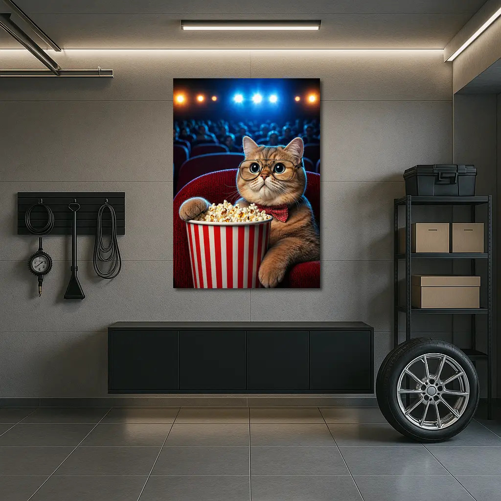 Cat at Cinema Moviegoer with Popcorn – Wall Art