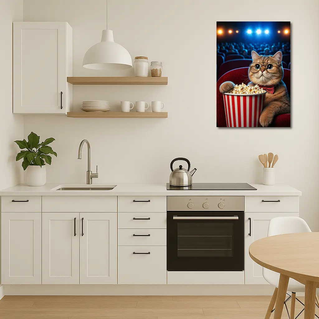 Cat at Cinema Moviegoer with Popcorn – Wall Art