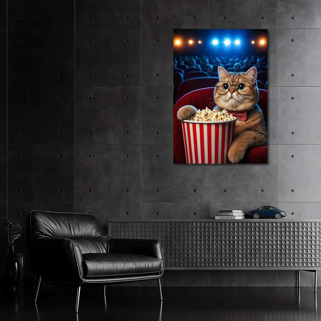 Cat at Cinema Moviegoer with Popcorn – Wall Art