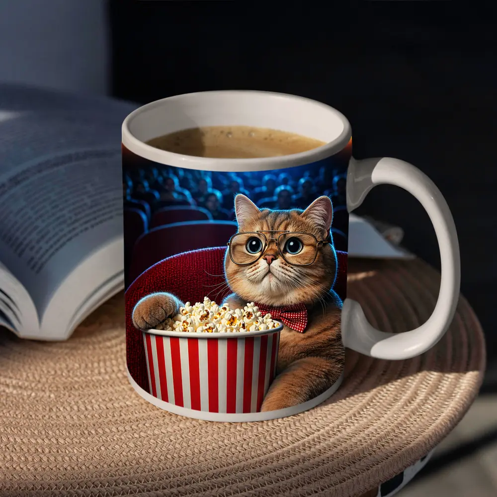 Cat at Cinema Moviegoer with Popcorn – Mugs