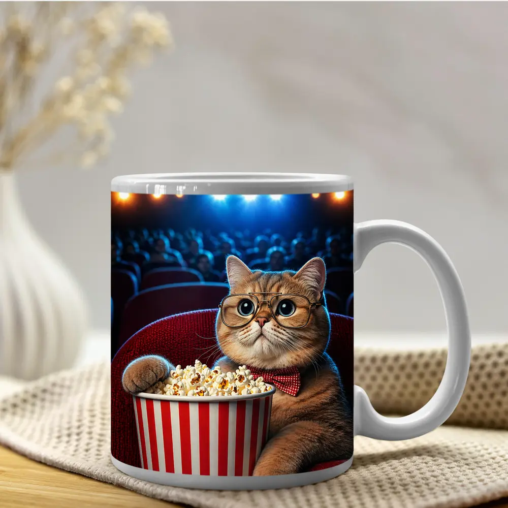 Cat at Cinema Moviegoer with Popcorn – Mugs