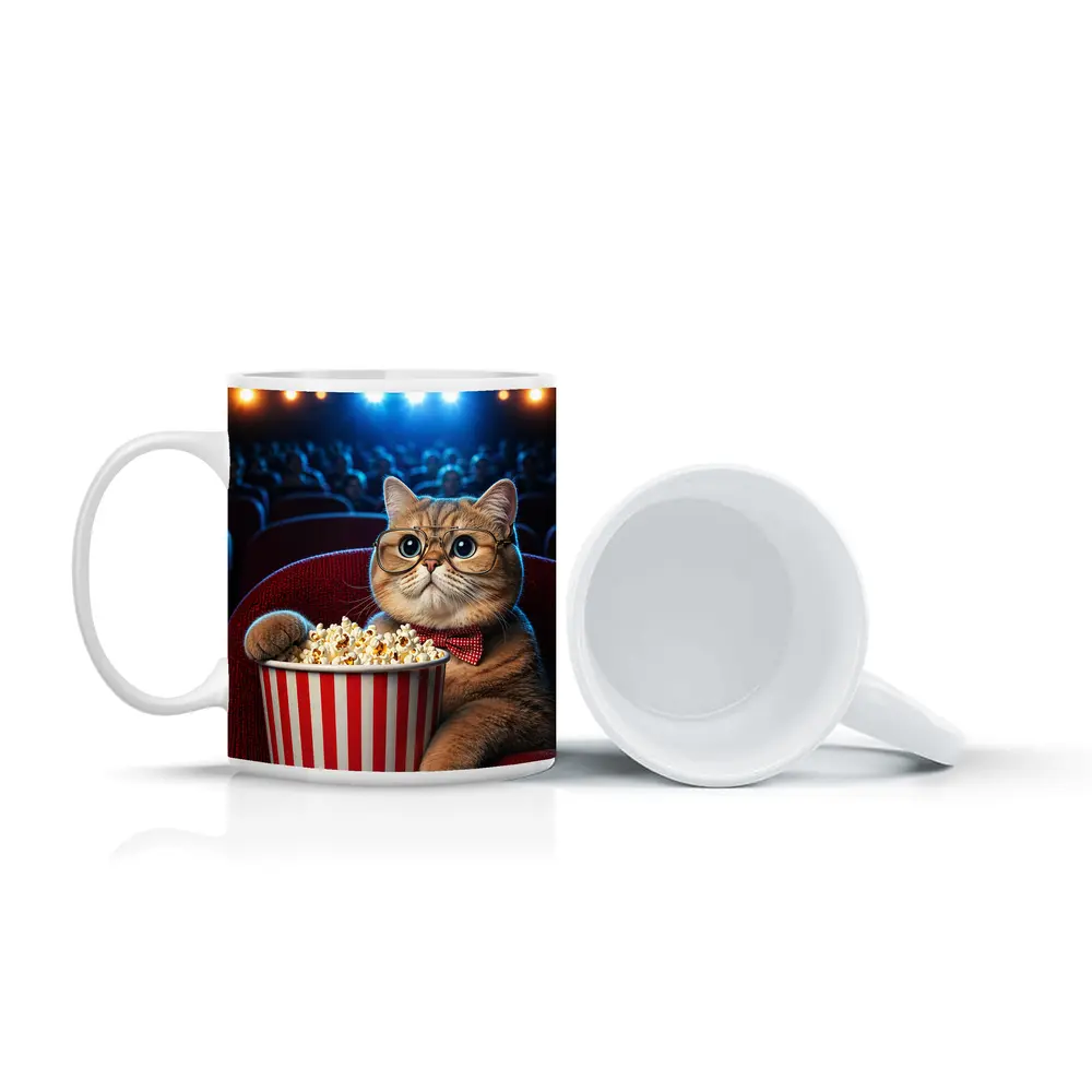 Cat at Cinema Moviegoer with Popcorn – Mugs