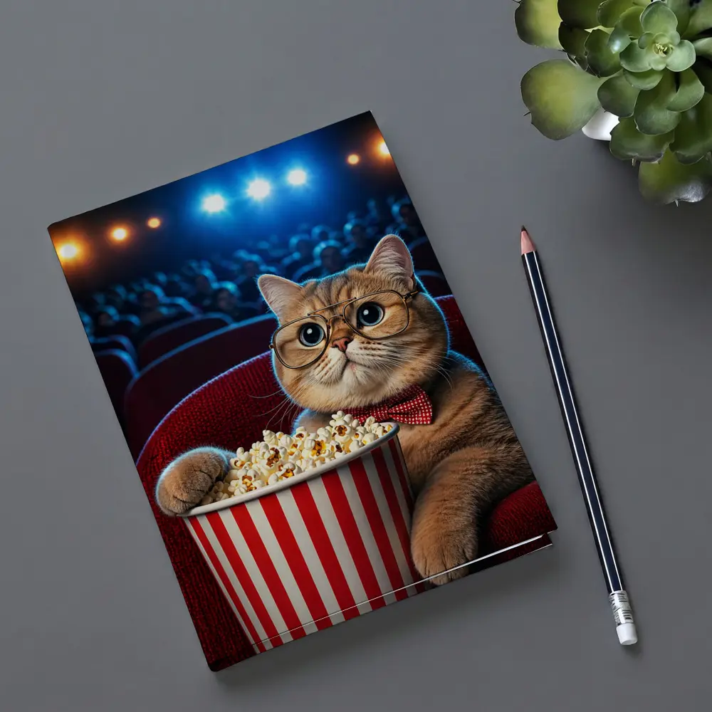 Cat at Cinema Moviegoer with Popcorn – Notebooks