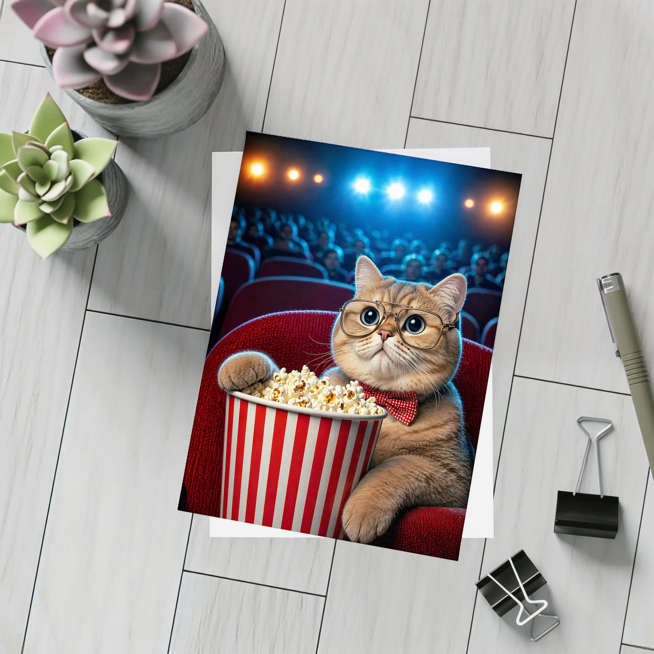 Cat at Cinema Moviegoer with Popcorn – Postcards