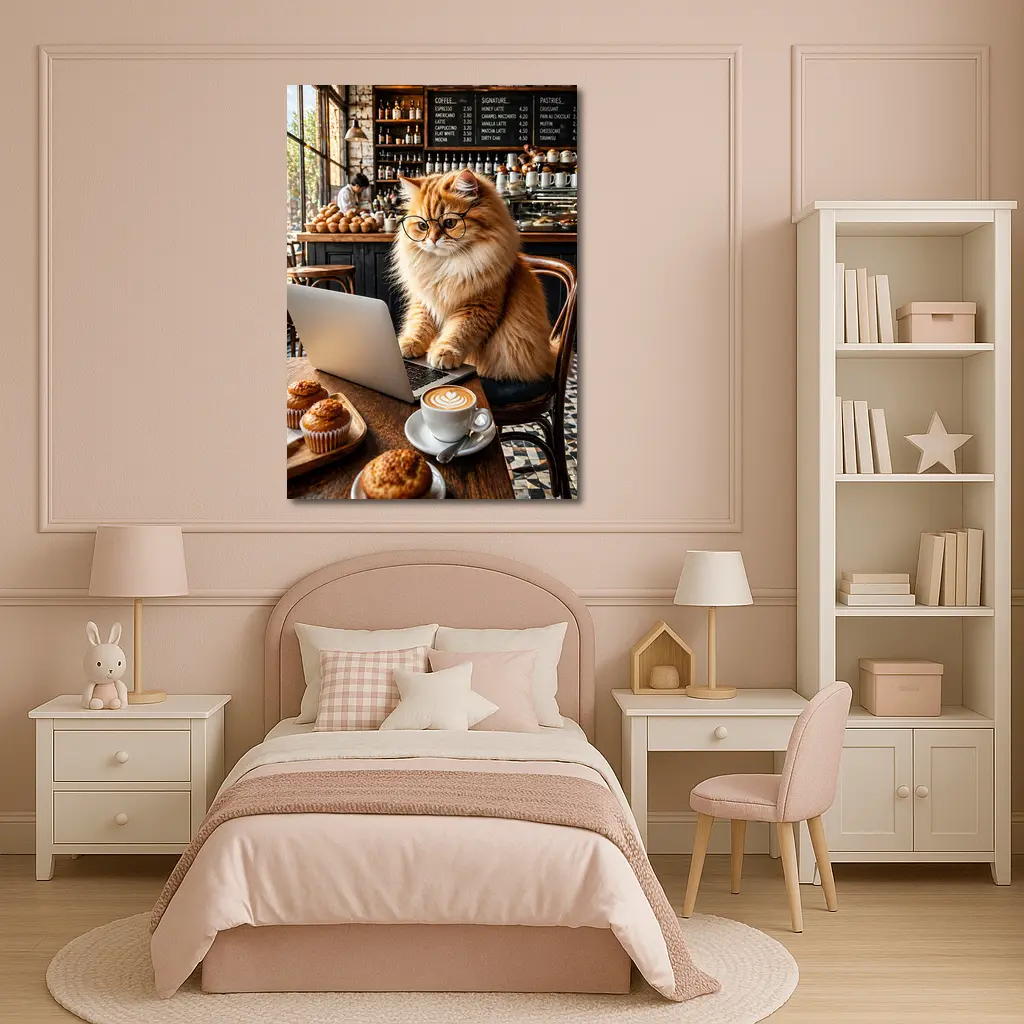 Persian Cat Glasses Working Laptop Coffee Shop – Wall Art