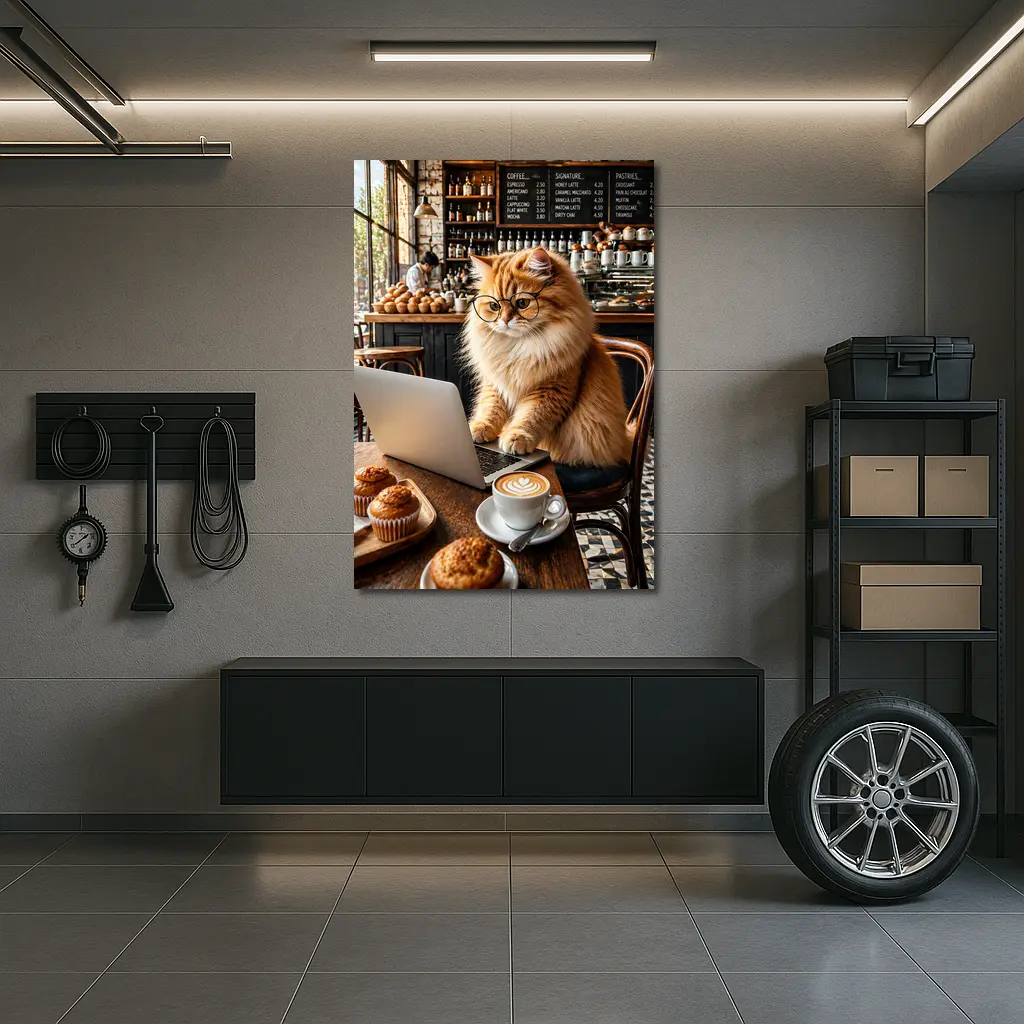 Persian Cat Glasses Working Laptop Coffee Shop – Wall Art
