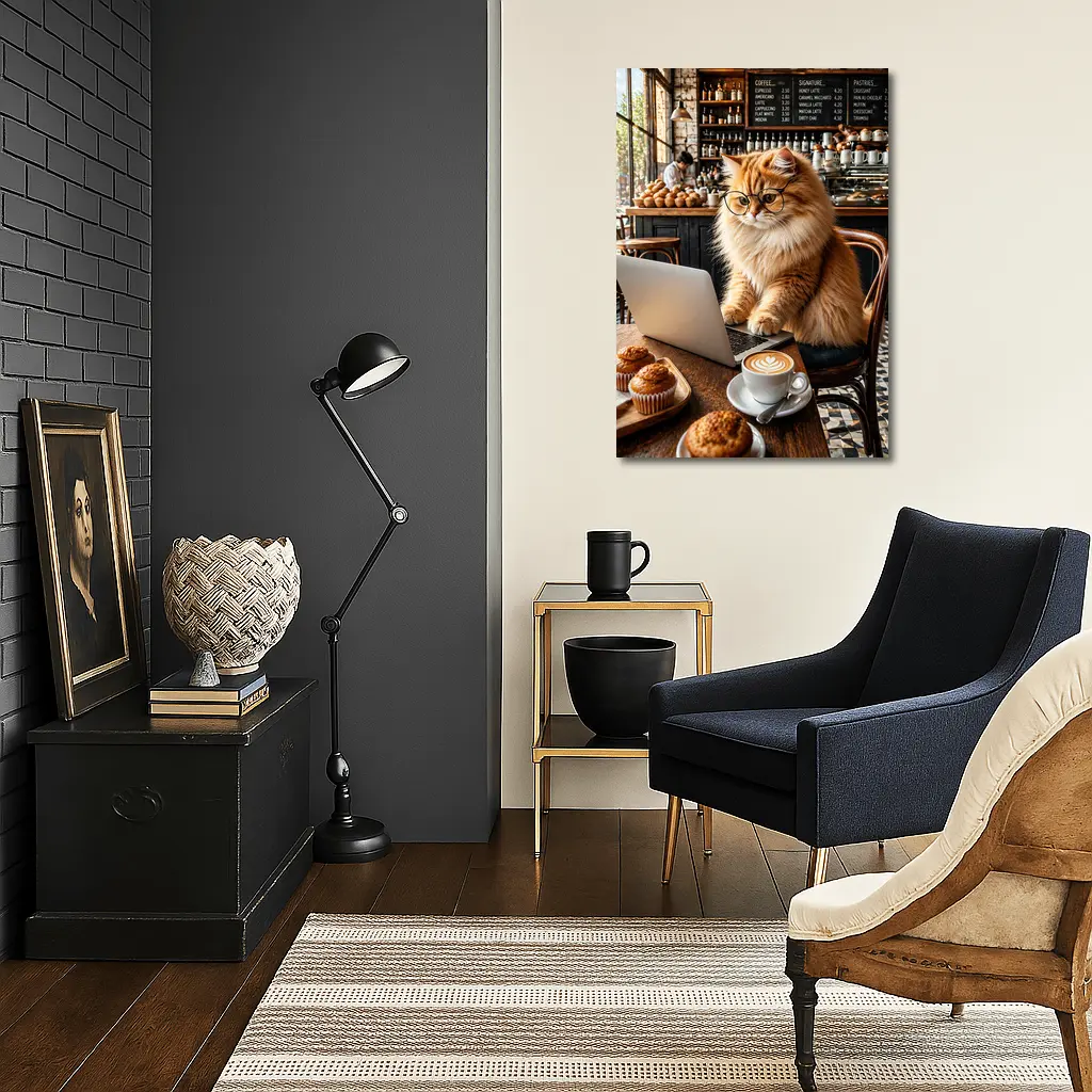 Persian Cat Glasses Working Laptop Coffee Shop – Wall Art