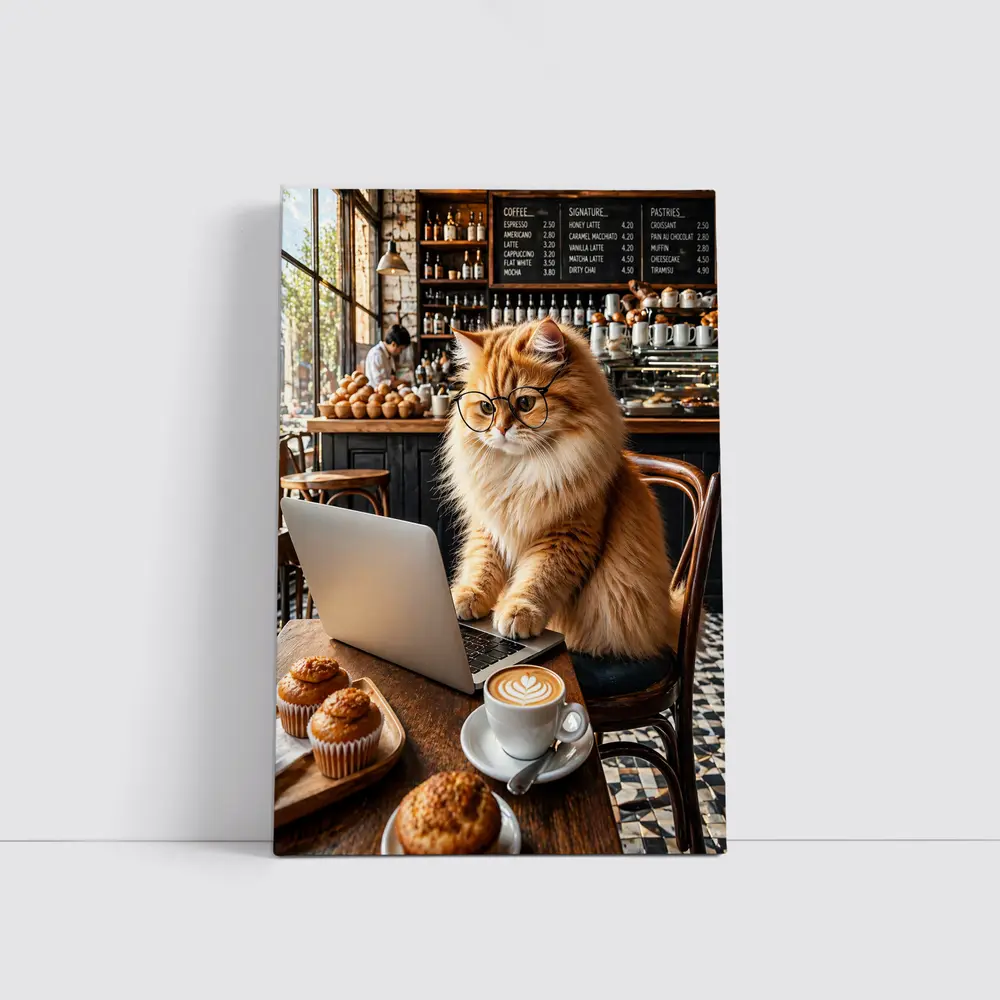 Persian Cat Glasses Working Laptop Coffee Shop – Wall Art