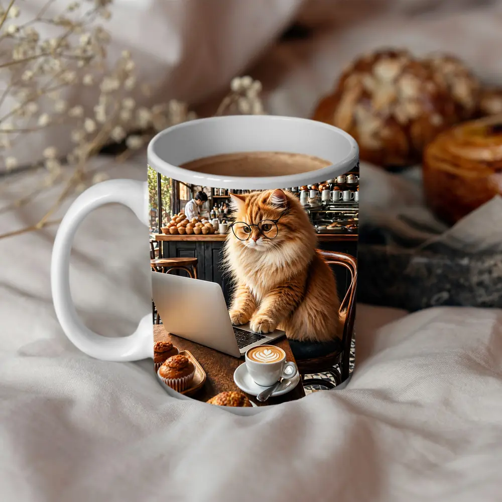 Persian Cat Glasses Working Laptop Coffee Shop – Mugs