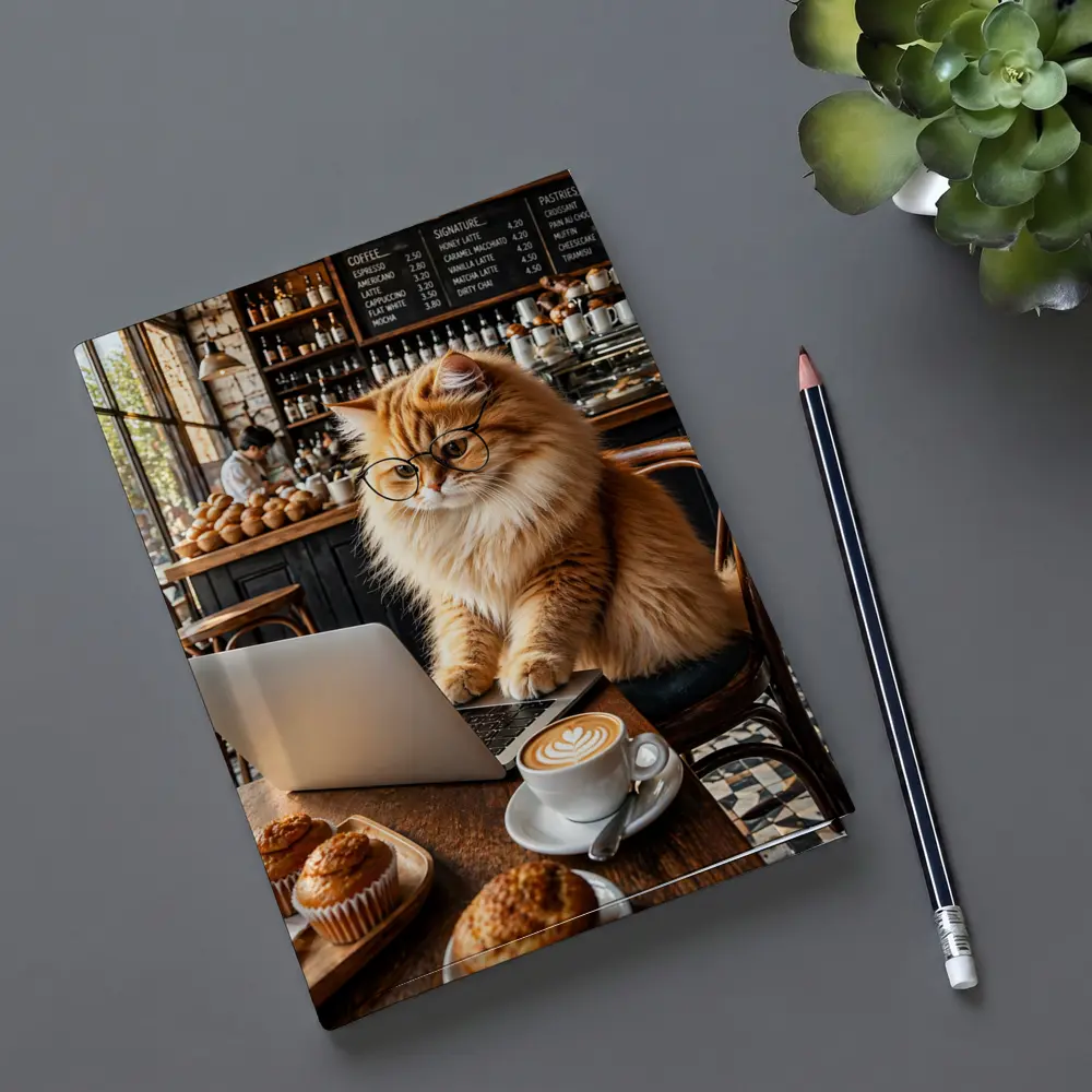 Persian Cat Glasses Working Laptop Coffee Shop – Notebooks