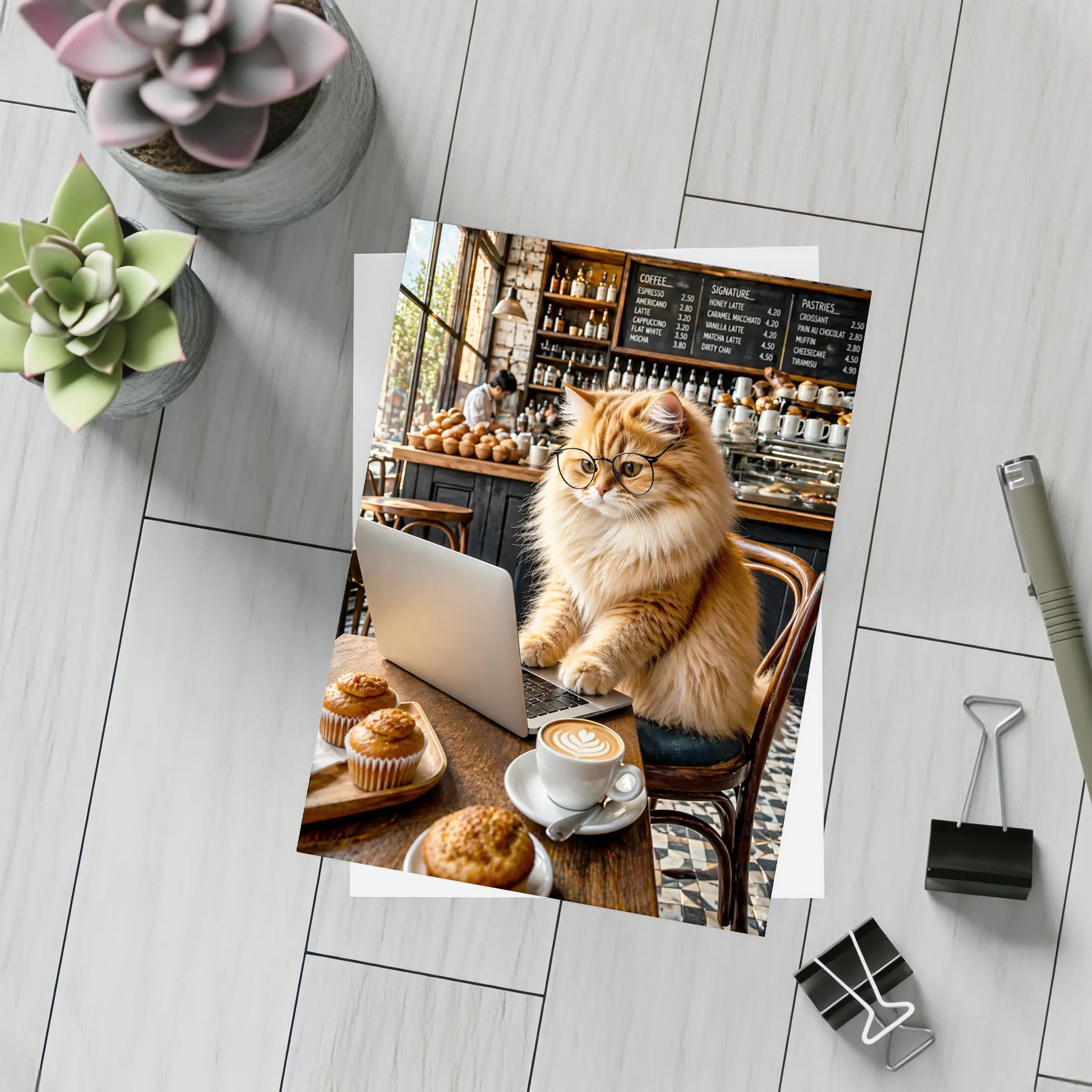 Persian Cat Glasses Working Laptop Coffee Shop – Postcards