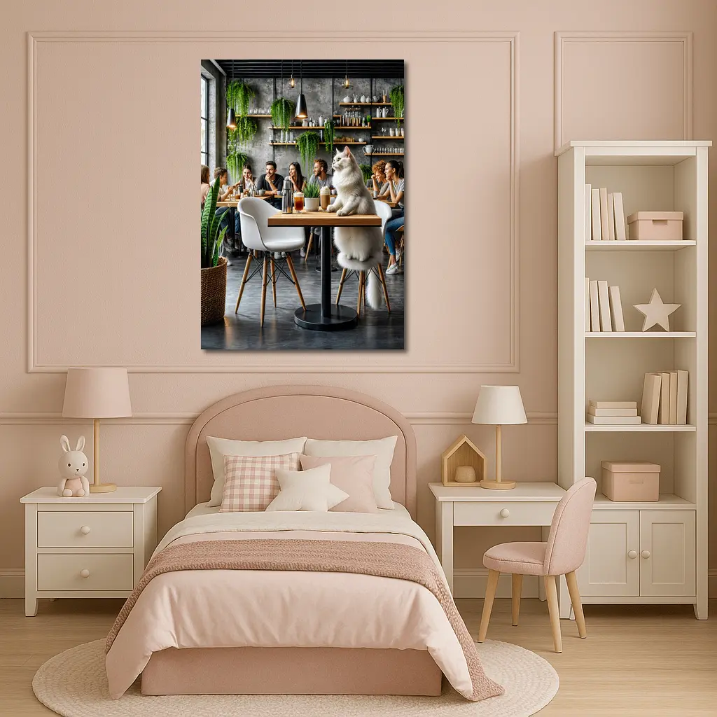 White Cat Relaxing in Modern Cafe – Wall Art