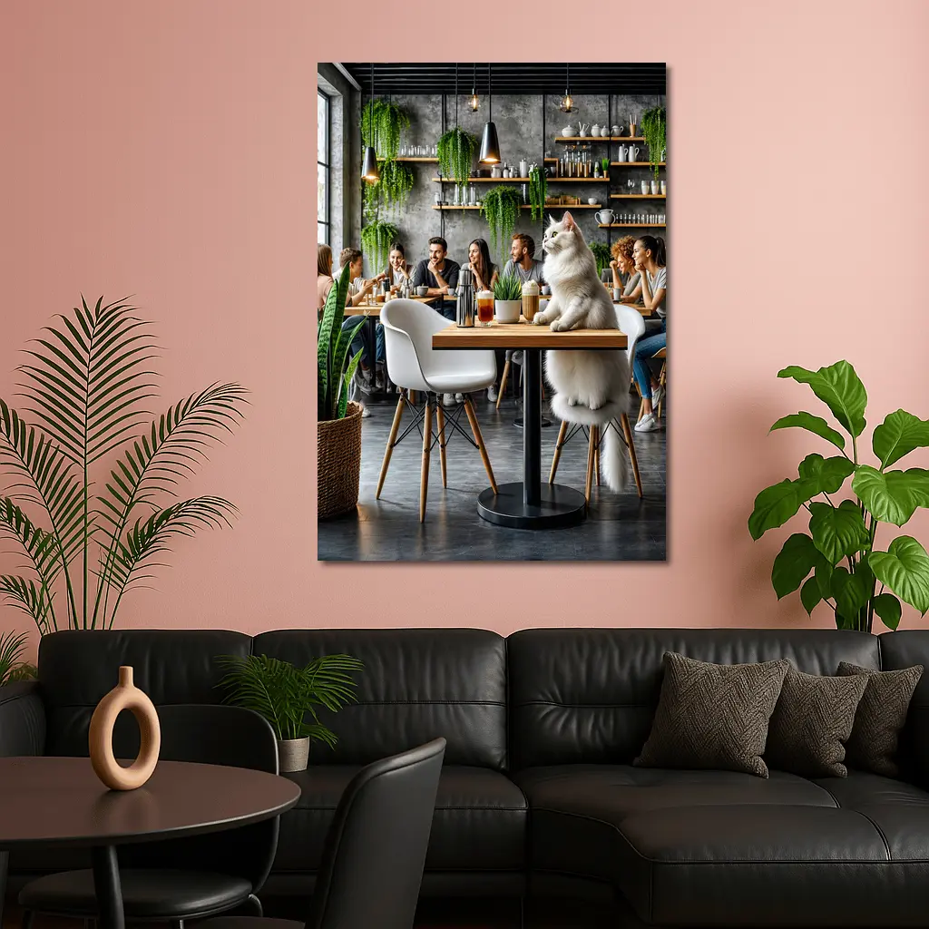 White Cat Relaxing in Modern Cafe – Wall Art