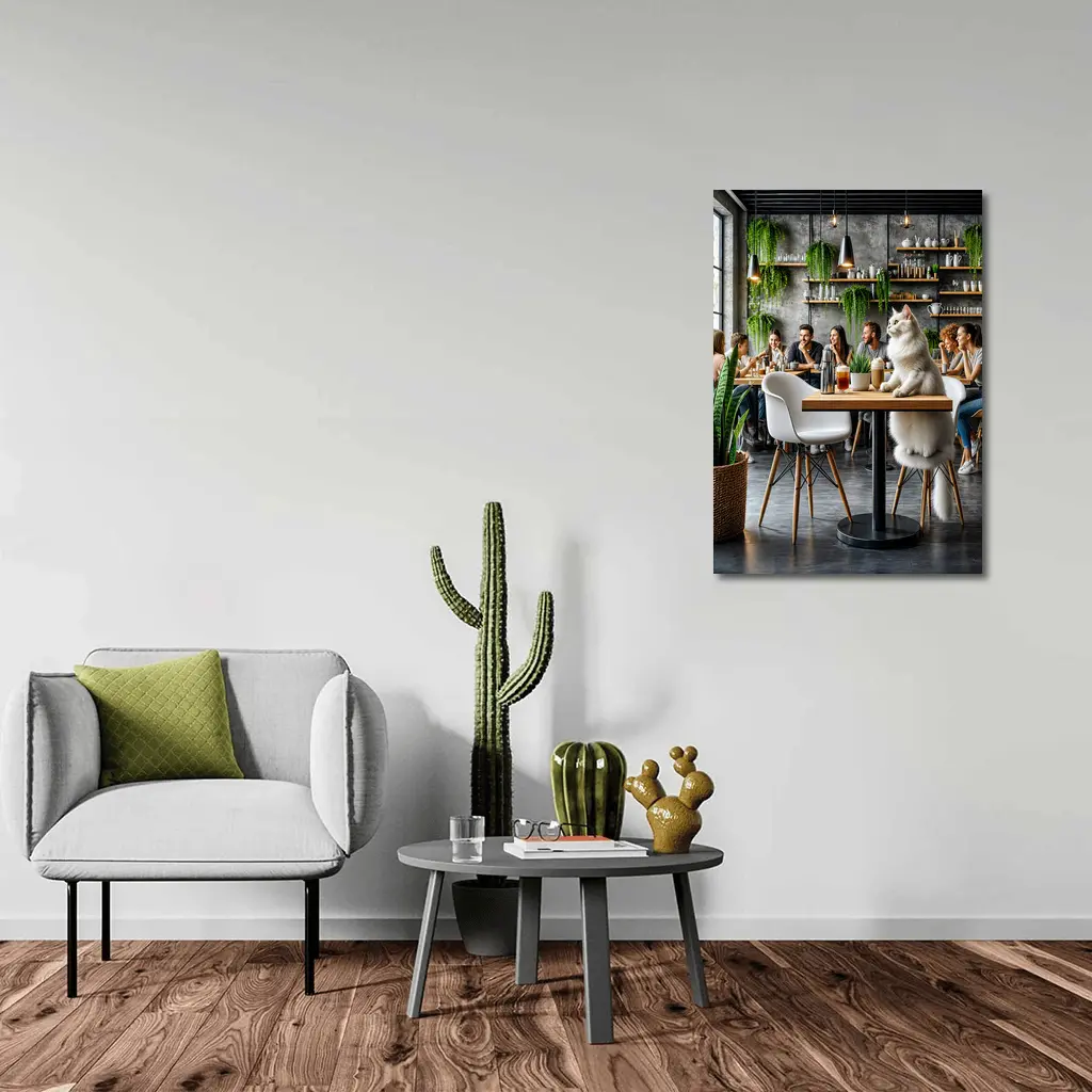 White Cat Relaxing in Modern Cafe – Wall Art