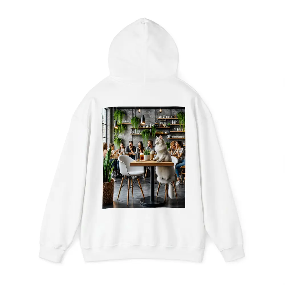 White Cat Relaxing in Modern Cafe – Hoodies