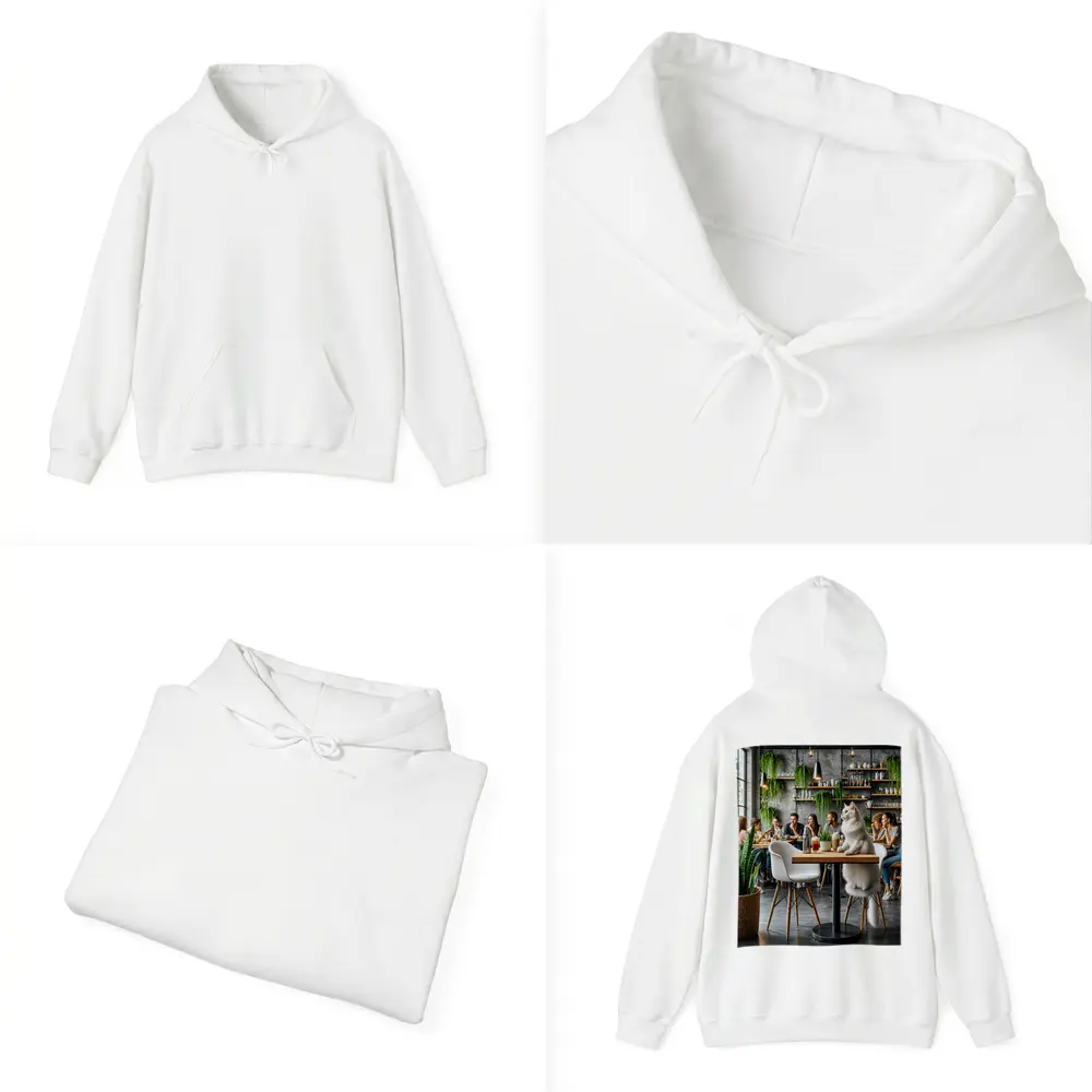 White Cat Relaxing in Modern Cafe – Hoodies