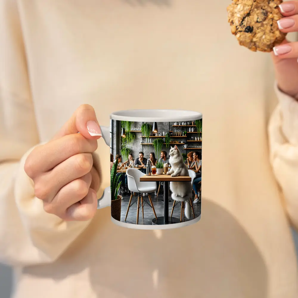 White Cat Relaxing in Modern Cafe – Mugs