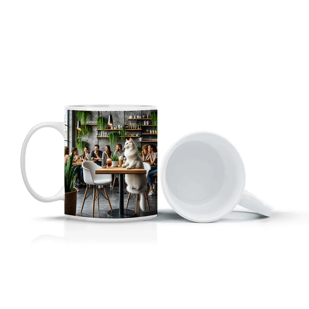 White Cat Relaxing in Modern Cafe – Mugs
