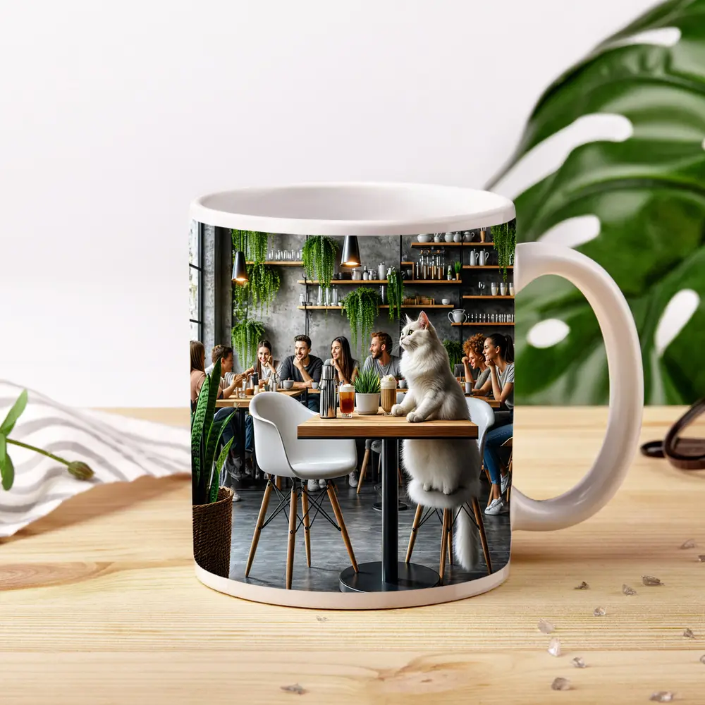 White Cat Relaxing in Modern Cafe – Mugs