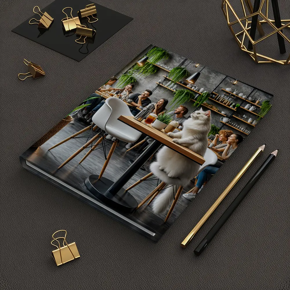 White Cat Relaxing in Modern Cafe – Notebooks