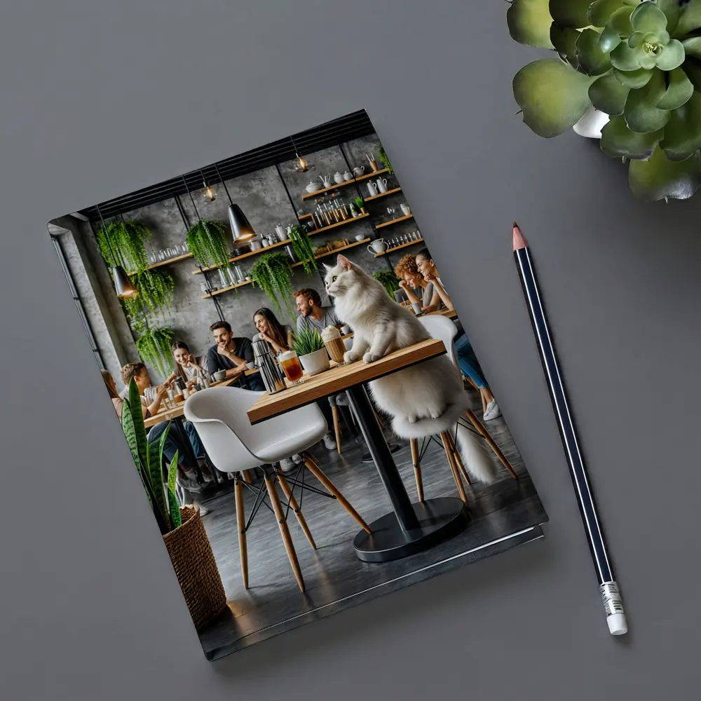 White Cat Relaxing in Modern Cafe – Notebooks