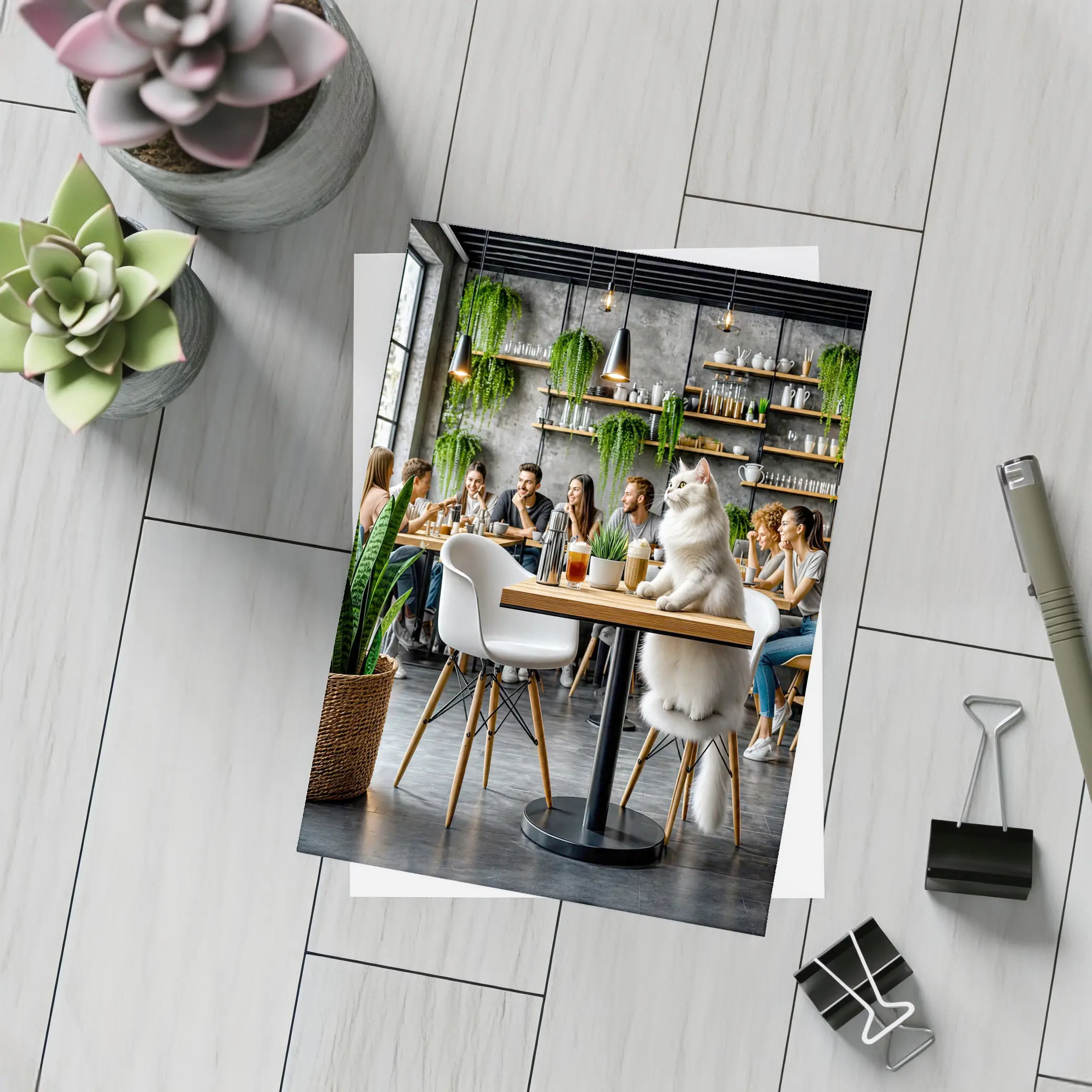 White Cat Relaxing in Modern Cafe – Postcards