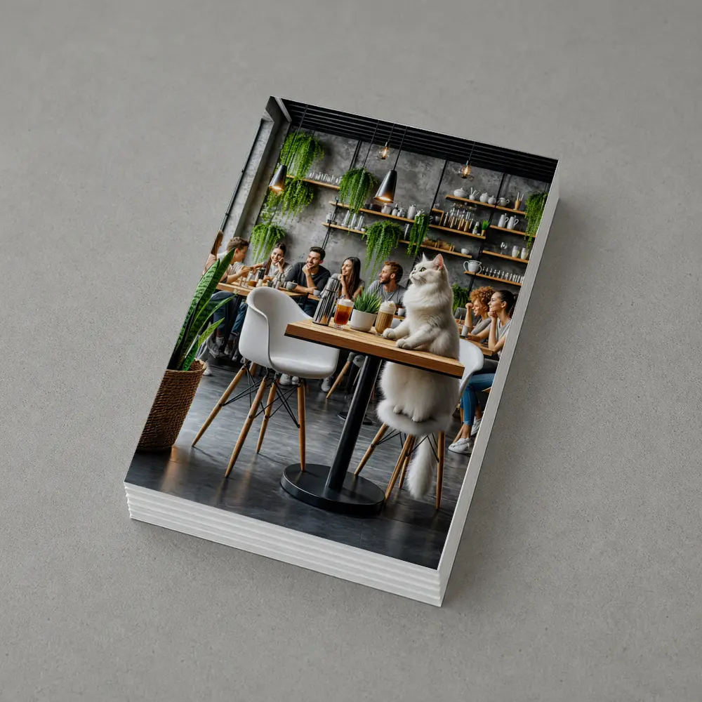 White Cat Relaxing in Modern Cafe – Postcards
