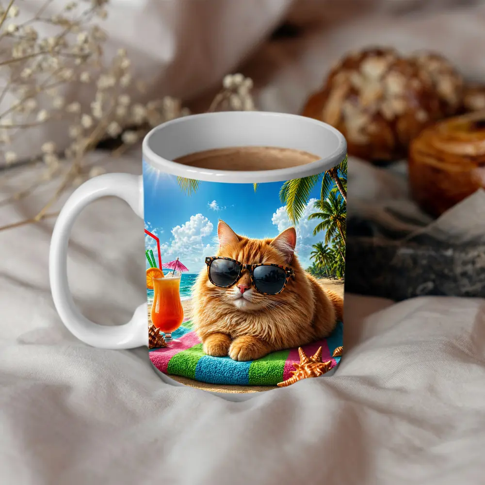 Orange Cat Sunglasses Relaxing Tropical Beach Summer – Mugs