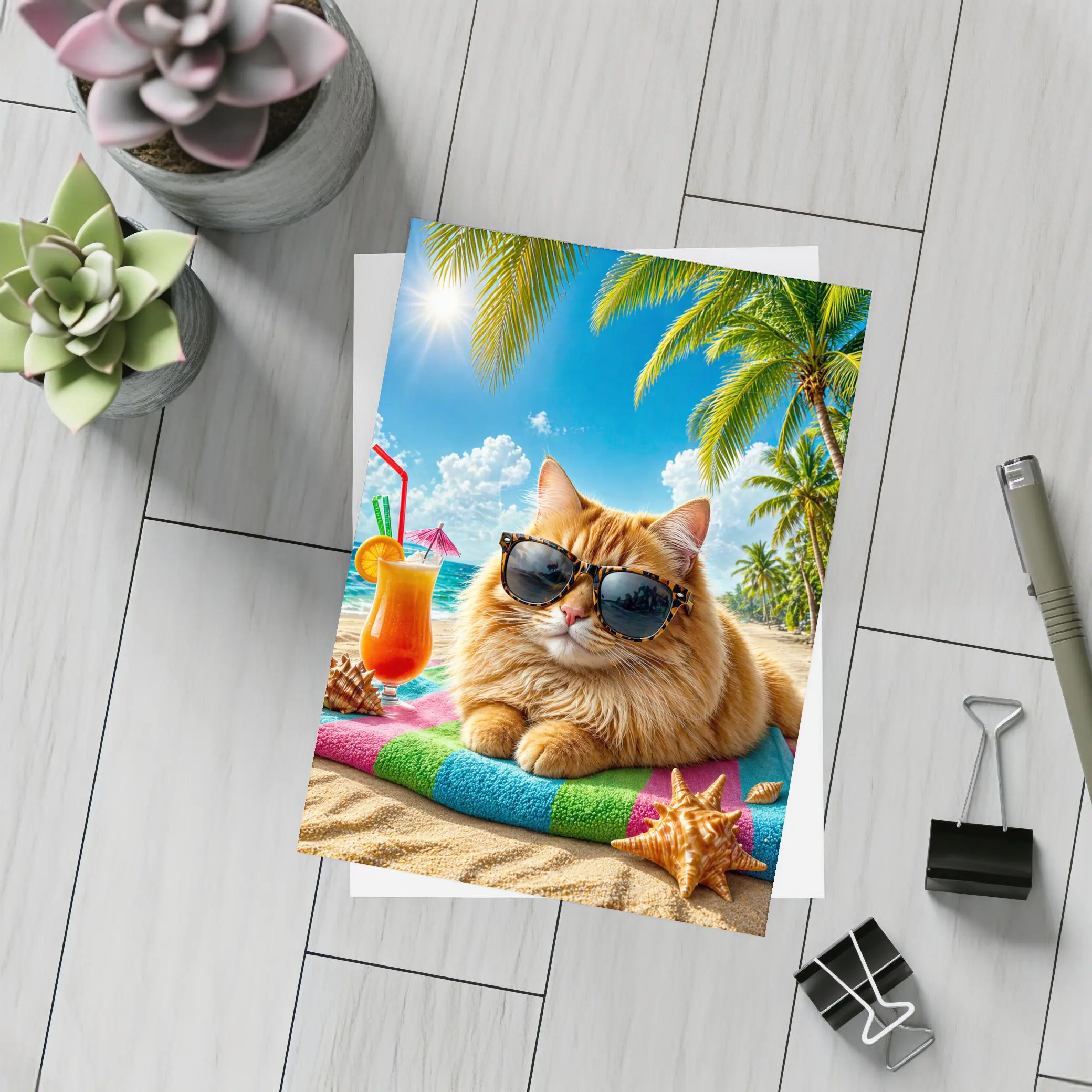 Orange Cat Sunglasses Relaxing Tropical Beach Summer – Postcards