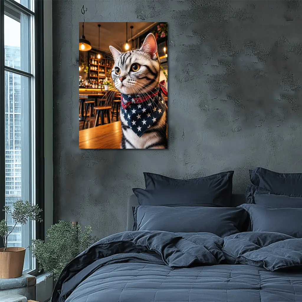 American Shorthair Cat Wearing Stars Bandana Cafe – Wall Art