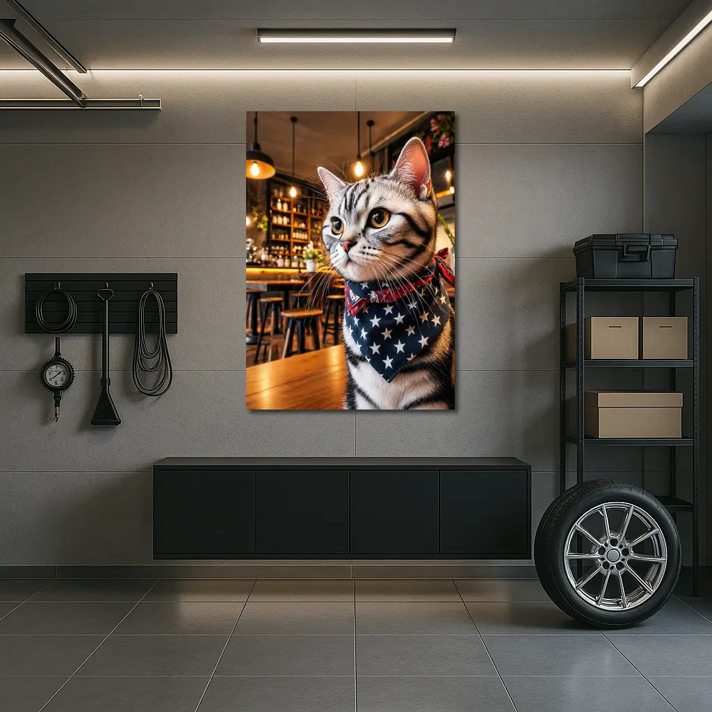 American Shorthair Cat Wearing Stars Bandana Cafe – Wall Art