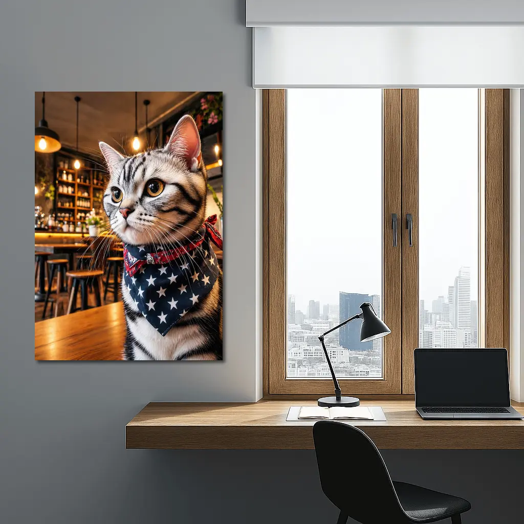 American Shorthair Cat Wearing Stars Bandana Cafe – Wall Art