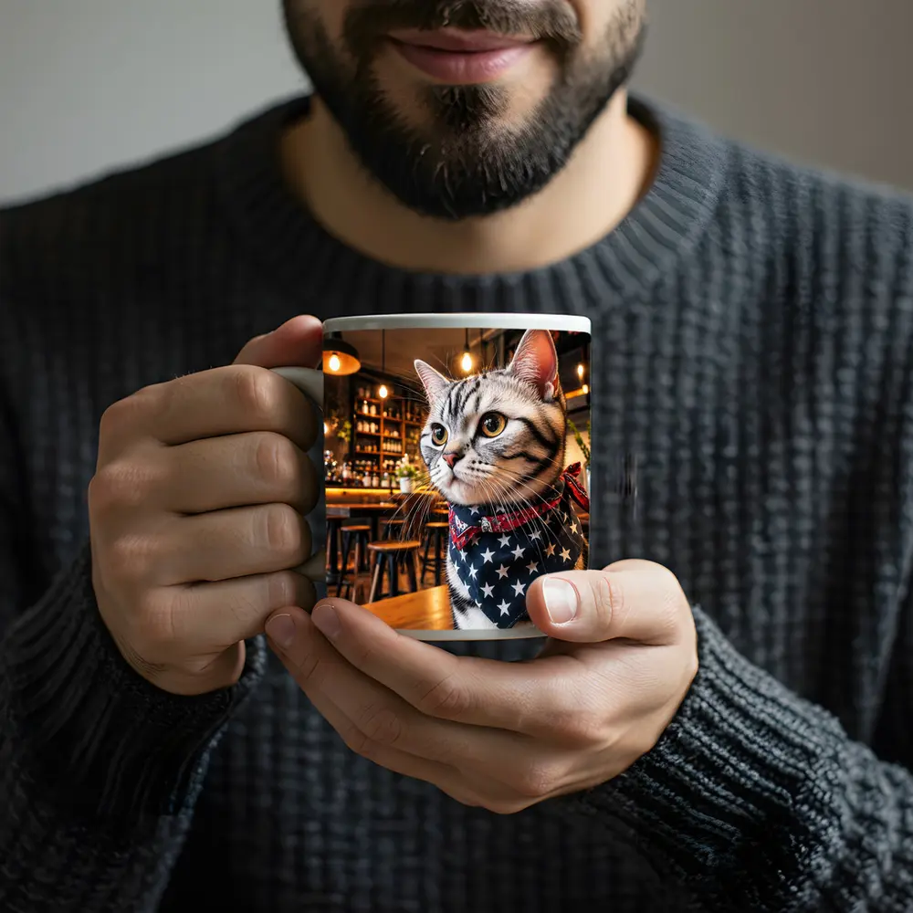 American Shorthair Cat Wearing Stars Bandana Cafe – Mugs