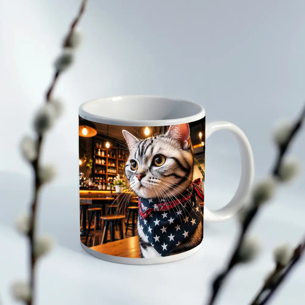American Shorthair Cat Wearing Stars Bandana Cafe – Mugs