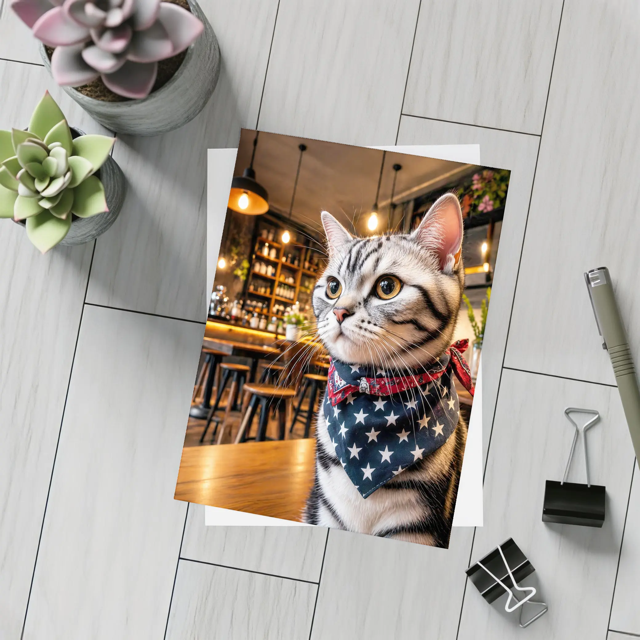 American Shorthair Cat Wearing Stars Bandana Cafe – Postcards