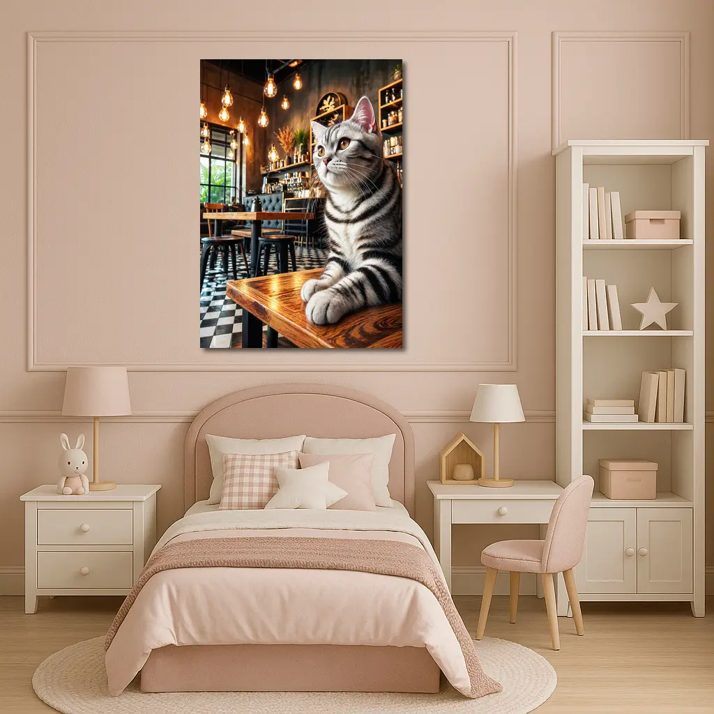 American Shorthair Cat Sitting In Cafe – Wall Art
