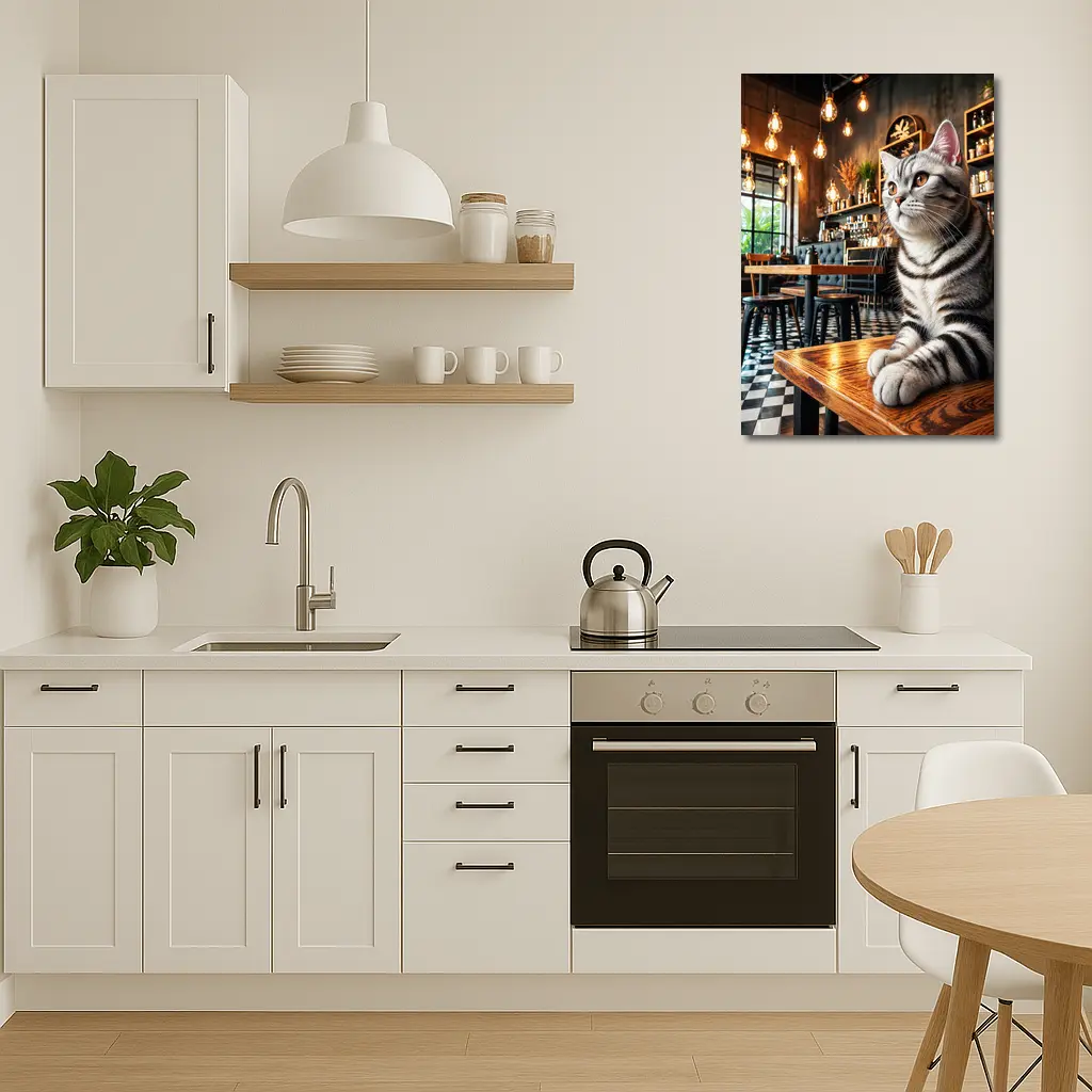 American Shorthair Cat Sitting In Cafe – Wall Art