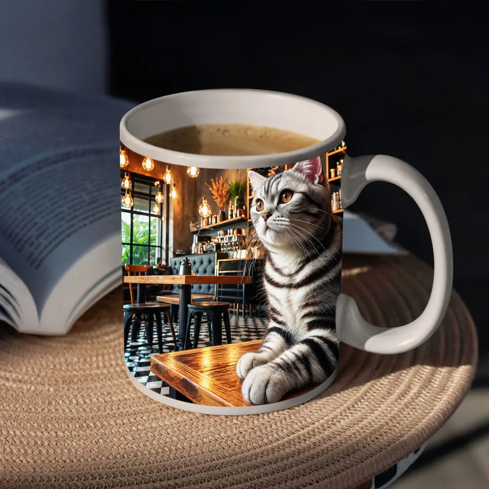 American Shorthair Cat Sitting In Cafe – Mugs