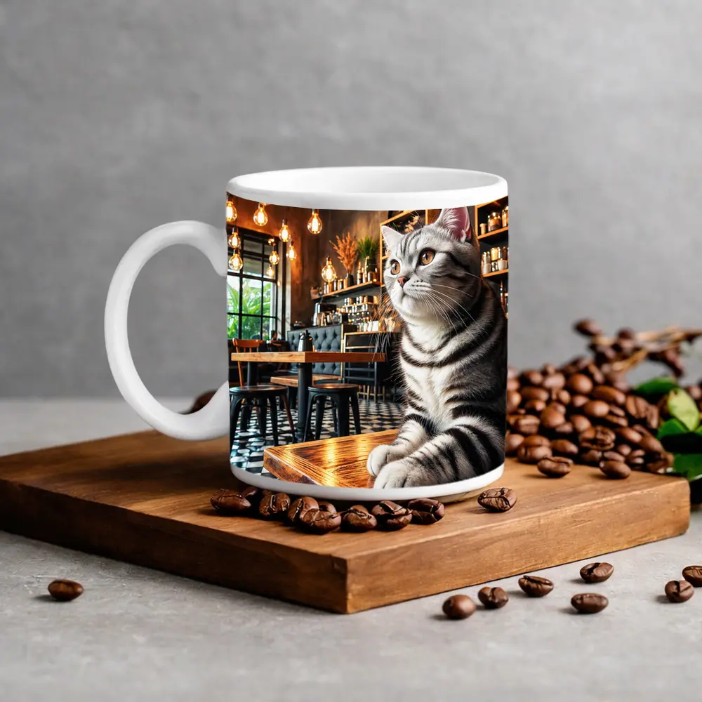 American Shorthair Cat Sitting In Cafe – Mugs
