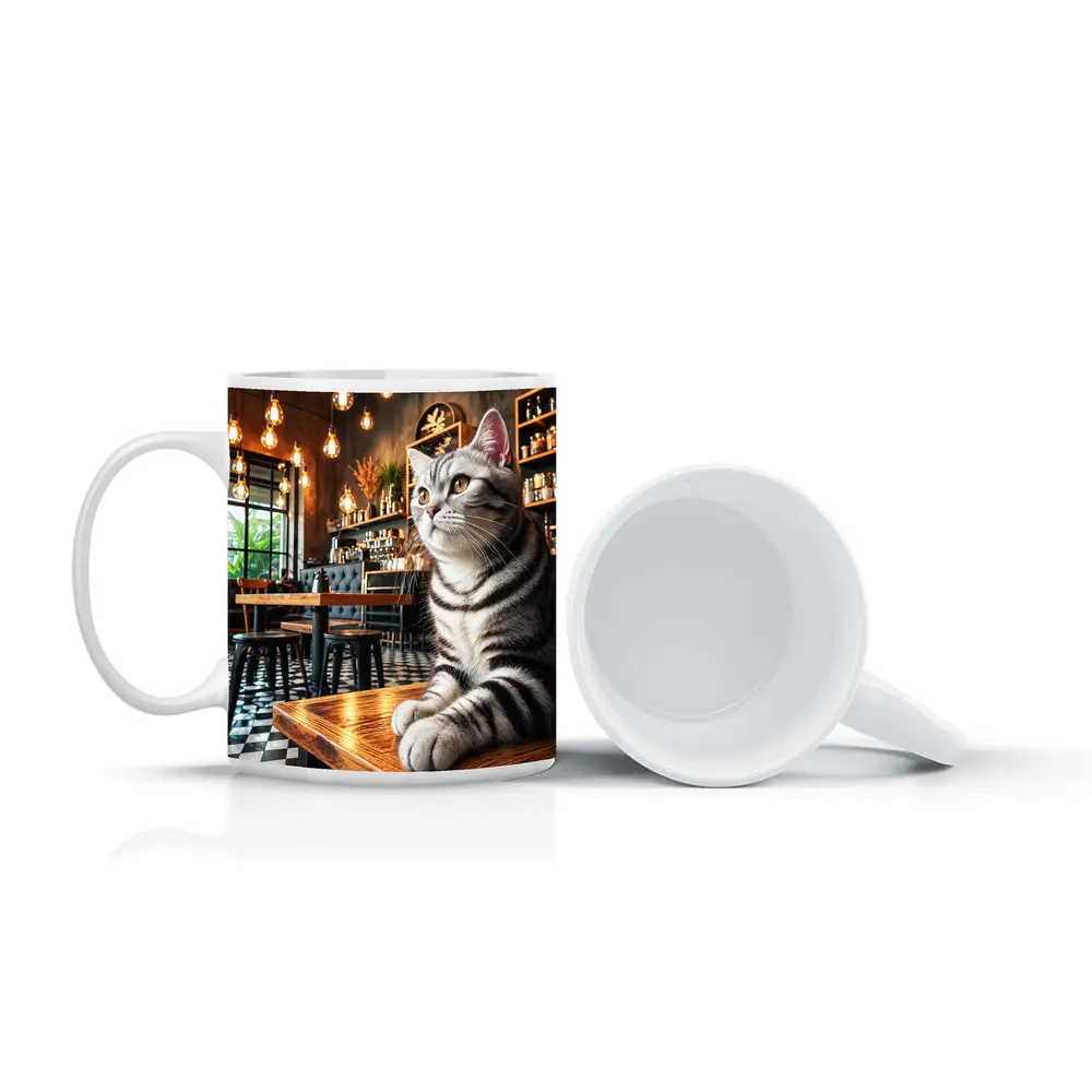 American Shorthair Cat Sitting In Cafe – Mugs