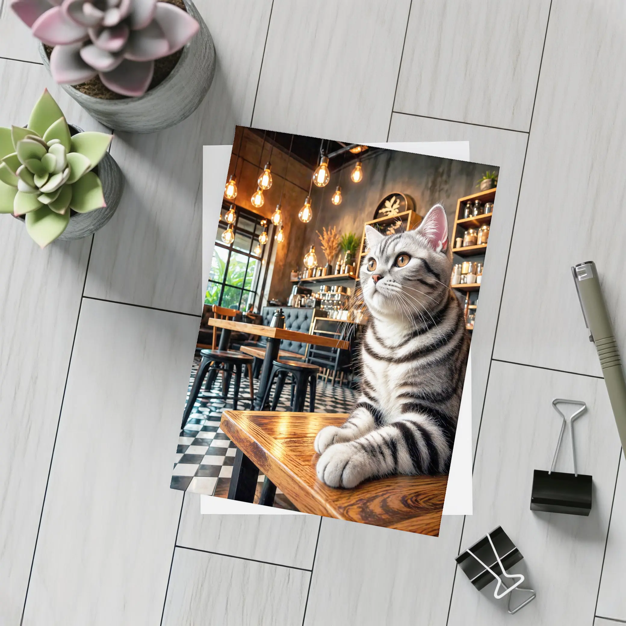 American Shorthair Cat Sitting In Cafe – Postcards