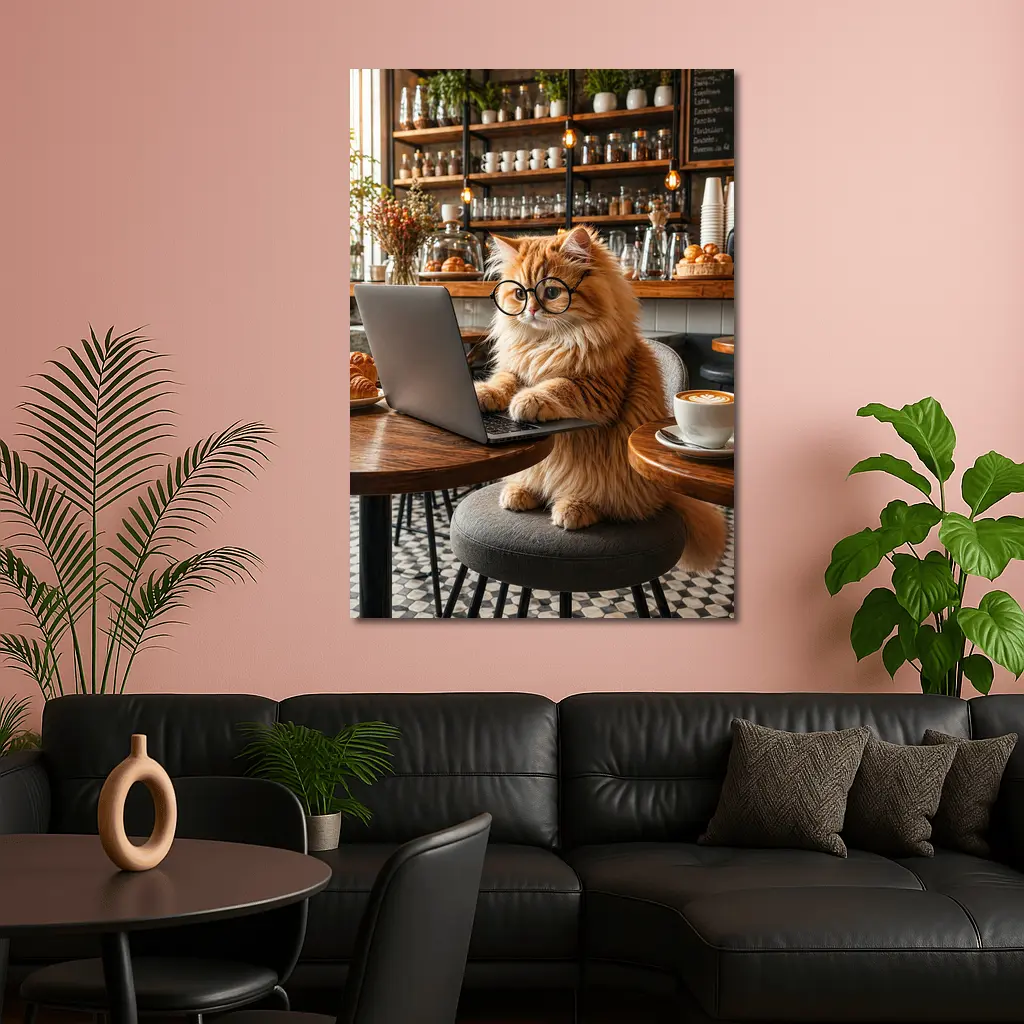 Persian Cat Working Laptop Cozy Cafe – Wall Art