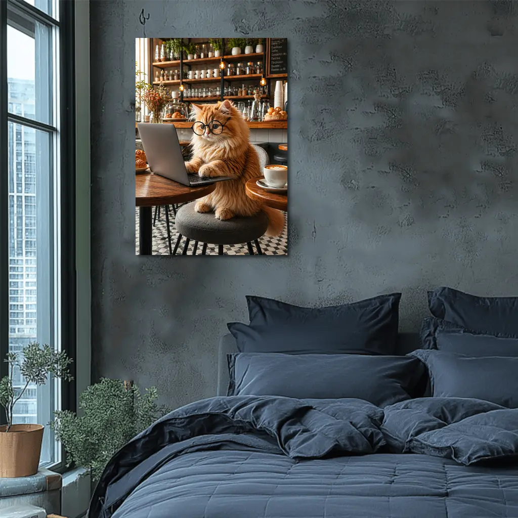 Persian Cat Working Laptop Cozy Cafe – Wall Art