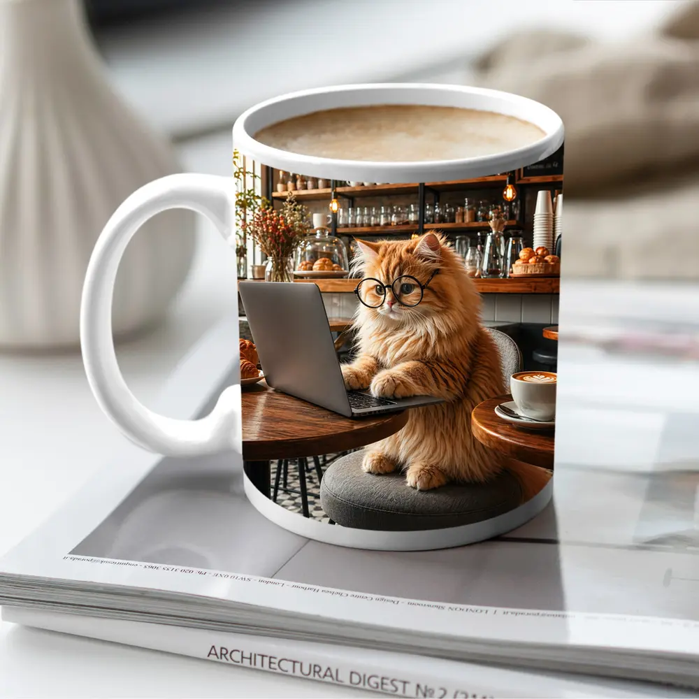 Persian Cat Working Laptop Cozy Cafe – Mugs