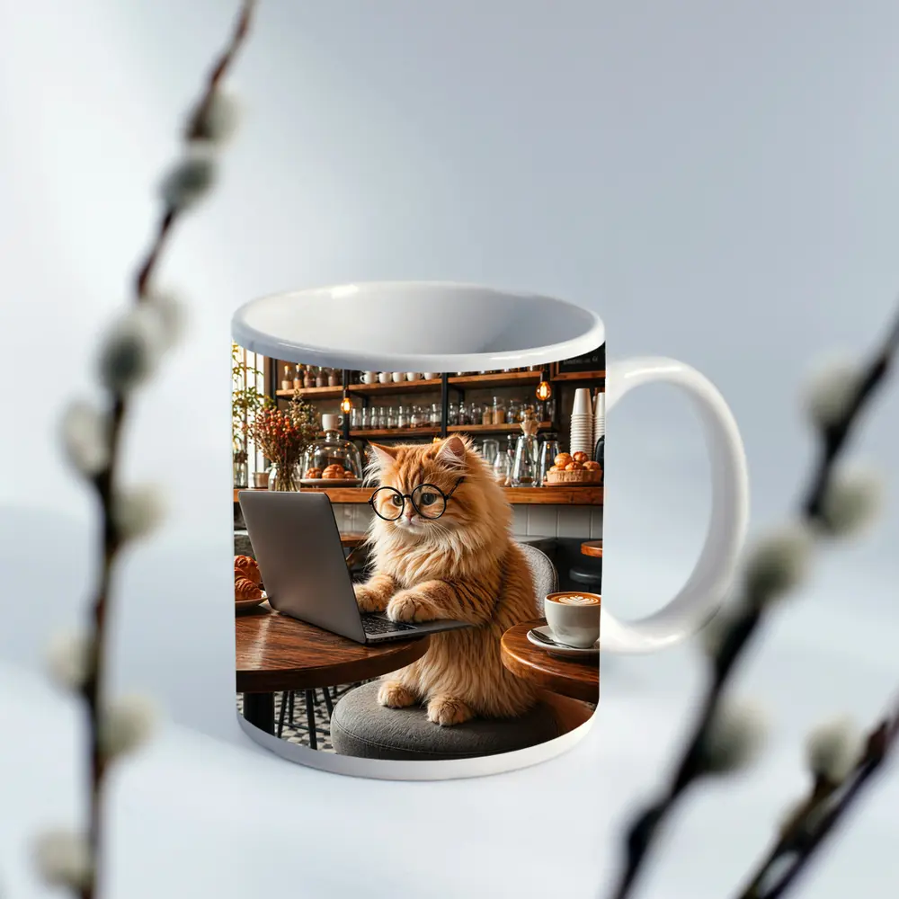 Persian Cat Working Laptop Cozy Cafe – Mugs