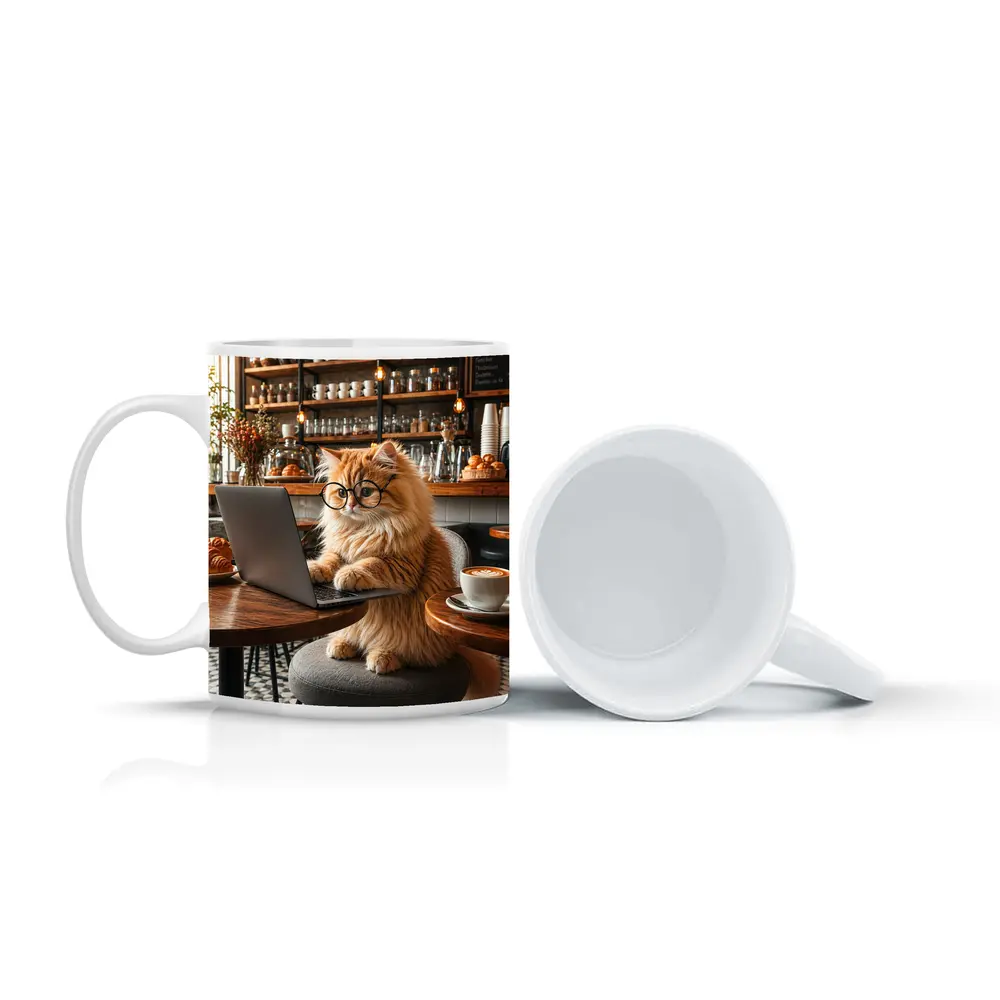 Persian Cat Working Laptop Cozy Cafe – Mugs