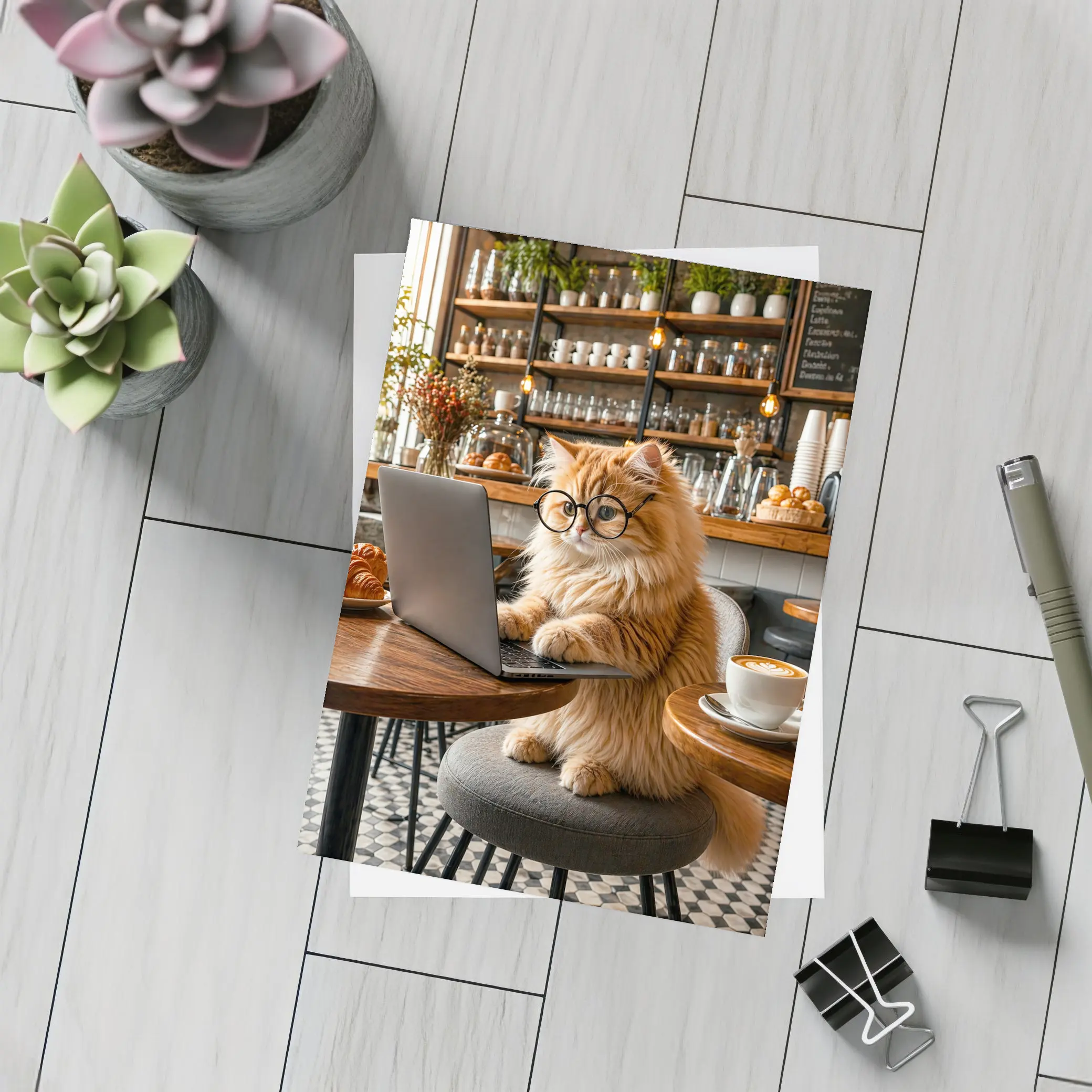 Persian Cat Working Laptop Cozy Cafe – Postcards