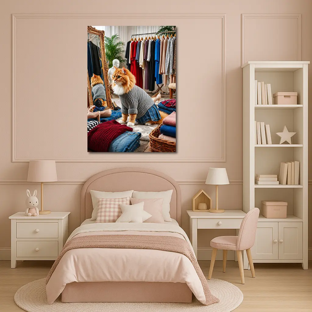 Orange Cat Wearing Sweater in Fashion Boutique – Wall Art