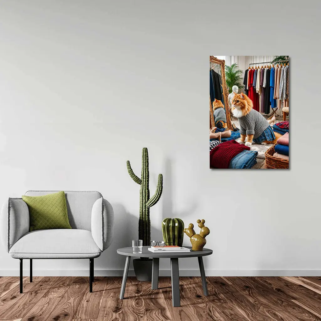 Orange Cat Wearing Sweater in Fashion Boutique – Wall Art
