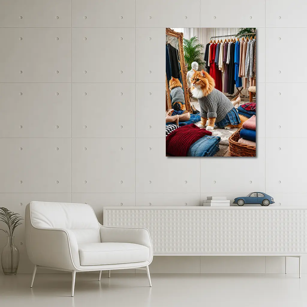 Orange Cat Wearing Sweater in Fashion Boutique – Wall Art